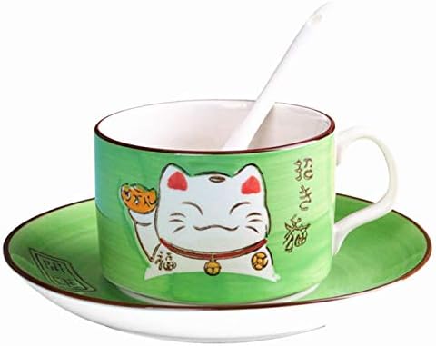 EatingBiting 5 Colors Handcraft Lucky Cat Maneki Neko Ceramic Tea Cups Mugs Dish Spoon 3PCs (green)