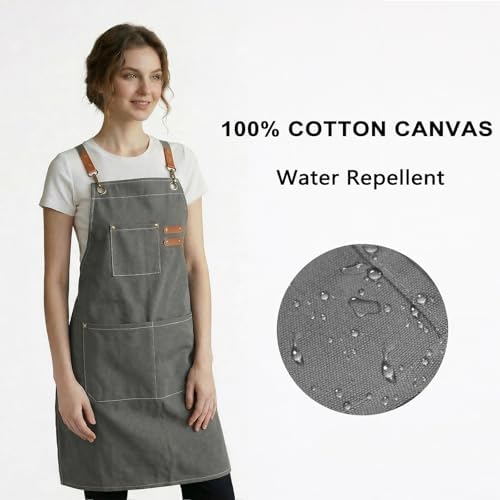 ZOMAO Chef Apron for Women Men with Large Pockets, Cotton Canvas Cross Back Waterproof Work Aprons for Kitchen Cooking Bib - Image 2