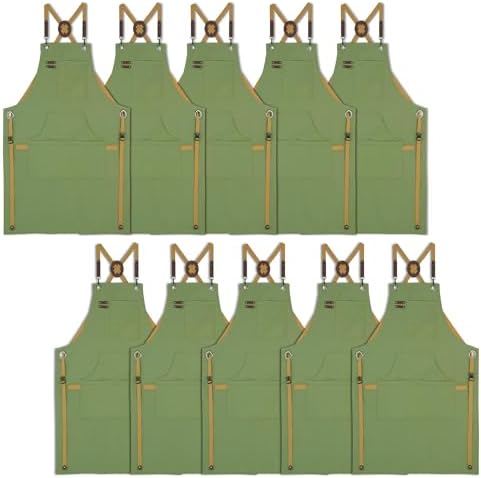 10 Pack Kitchen Apron, Work Apron, Canvas Apron, Olive | Multiple Pockets, Gardening, Painting, BBQ, Artist, Carpenter, Sizes M to XXL by Stenffy