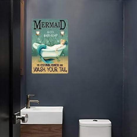 Mermaid Decor Vintage Funny Mermaid Bathroom Decor Vintage Metal Tin Sign - Wash Your Tail - Cafe Office Home Toilet Signs Room Bedroom Wall Decor 8X12Inch - Image 5