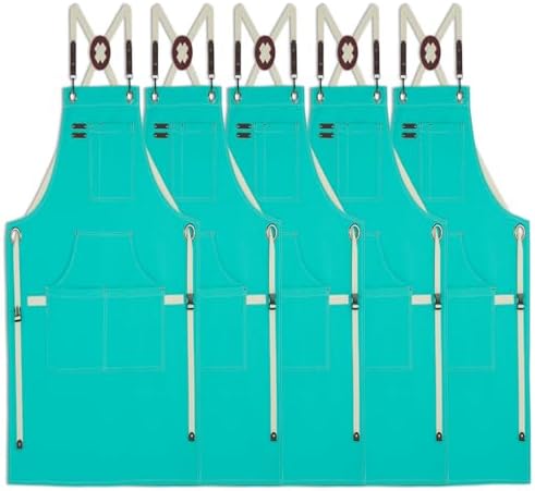 5 Pack Kitchen Aprons, Work Apron, Canvas Apron, Ice Blue | Multiple Pockets, Gardening, Painting, BBQ, Artist, Carpenter, Sizes M to XXL by Stenffy