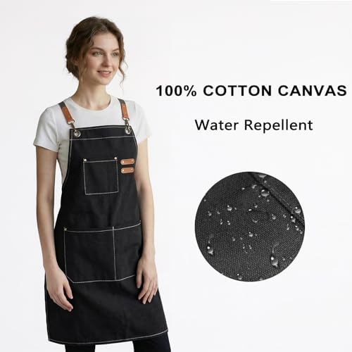 ZOMAO Chef Apron for Women Men with Large Pockets, Cotton Canvas Cross Back Waterproof Work Aprons for Kitchen Cooking Bib - Image 2