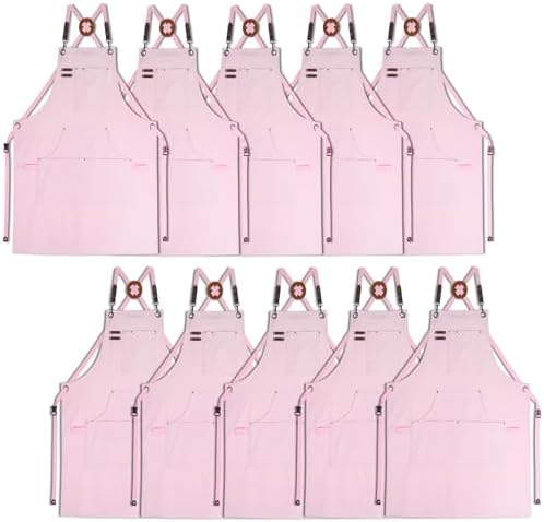 10 Pack Kitchen Apron, Work Apron, Canvas Apron, Pink | Multiple Pockets, Gardening, Painting, BBQ, Artist, Carpenter, Sizes M to XXL by Stenffy