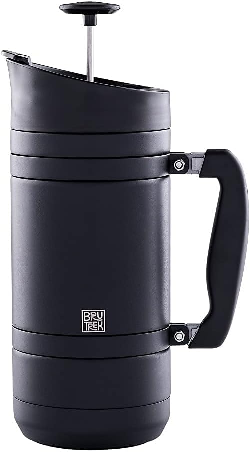 BruTrek® by Planetary Design BaseCamp Coffee Press - Double Wall Insulated Stainless Steel - Bru-Stop Technology, No Grounds in Coffee, No Spill Lid (Obsidian, 48 fl.oz)