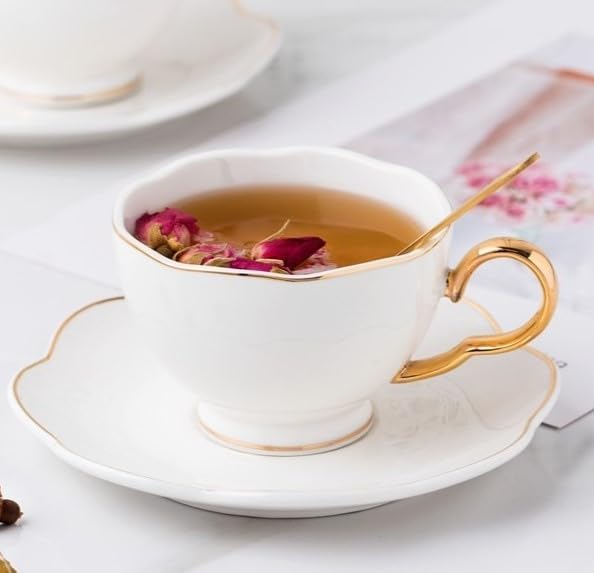 British Coffee Cup 3 Piece Set（6.8oz） Household Fashional Tea Cup with Saucer Spoon (white-A)