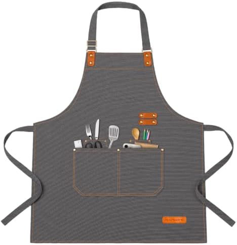 Teskyer Canvas Kitchen Apron with 4 Pockets | Cross Back or Adjustable Strap Design, 4 Utility Pockets, Water & Oil Resistant Fabric for Cooking Gardening & Crafts by TESKYER