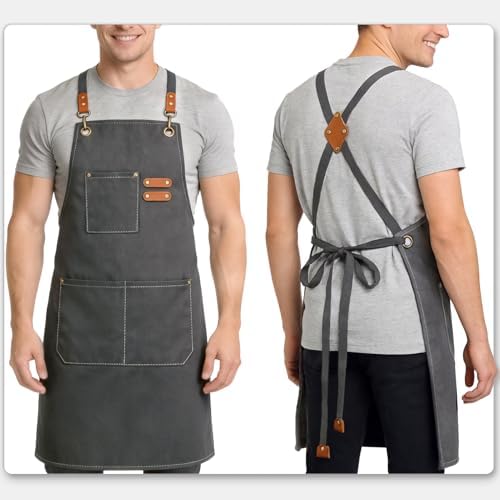 Chef Aprons for Men Women with Large Pockets Heavy Duty Cotton Canvas Cross Back Apron - Image 6