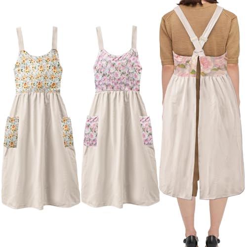 Uaussi Cotton Linen Apron Cross Back Work Apron for Women with Pockets Pinafore Dress X Cross Halter Apron for Chef Gardening by Uaussi