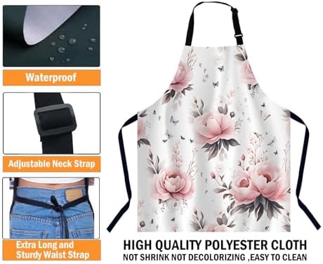 Watercolor Floral Apron for Women Men, Adjustable Apron Cooking Kitchen Chef Apron for Home Kitchen, Baking Gardening BBQ, Coffee House, Restaurant - Image 3