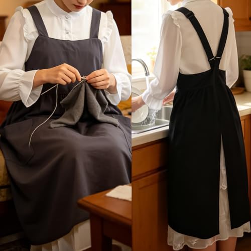 Uaussi Cotton Linen Apron Cross Back Work Apron for Women with Pockets Pinafore Dress X Cross Halter Apron for Chef Gardening - Image 4