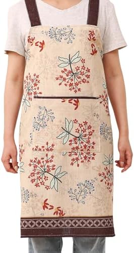 patdrea Blue Floral Linen Apron with Pocket,French Kitchen Garden Chef BBQ Aprons for Women and Men,Crisscross Back Straps - Image 2