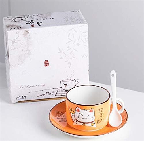 EatingBiting 5 Colors Handcraft Lucky Cat Maneki Neko Ceramic Tea Cups Mugs Dish Spoon 3PCs (orange)