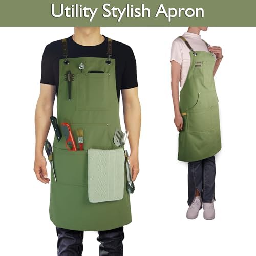 10 Pack Kitchen Apron, Work Apron, Canvas Apron, Olive | Multiple Pockets, Gardening, Painting, BBQ, Artist, Carpenter, Sizes M to XXL - Image 2