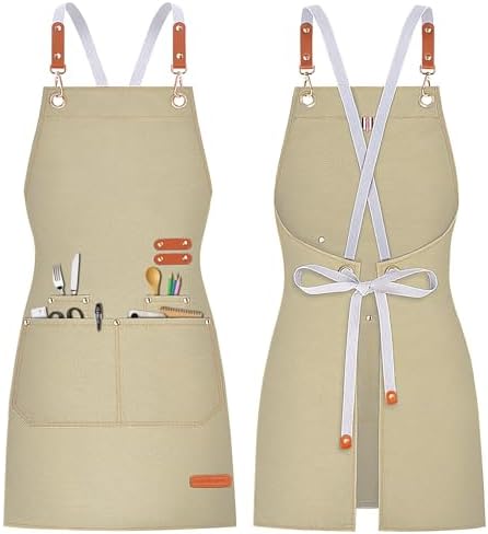 Teskyer Canvas Kitchen Apron with 4 Pockets | Cross Back or Adjustable Strap Design, 4 Utility Pockets, Water & Oil Resistant Fabric for Cooking Gardening & Crafts by TESKYER