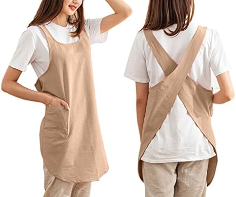 Cotton Cross Back Aprons Solid Color Cooking Kitchen Garden Smock for Women Girls with Pockets by Caatoor