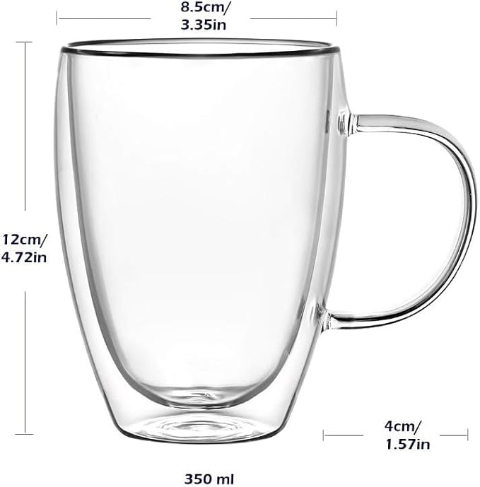 Espresso Cups Set Of 2 12 Oz, Double Walled Glass Coffee Mugs with Handle,Insulated Layer Coffee Cups,Clear Borosilicate Glass Mugs,Perfect for Cappuccino,Tea,Latte,Espresso,Hot Beverage,Wine