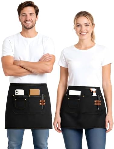 2-Pack Work Server Apron for Men Women with 3 Pockets for waiting staff | Waist Apron for Waiting Staff, Waitress, Barista, Chefs, Ideal for Cafe, Bar, Gardening, Cooking, BBQ, Painting, Cleaning by APRONPANDA