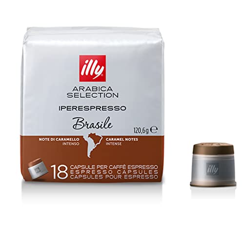 illy Coffee, Arabica Selection Brasile Espresso Capsules, Single Origin, Intense Flavor with Notes of Caramel, For Brewing with iperEspresso Capsule Machines, 18 Count (Pack of 1)