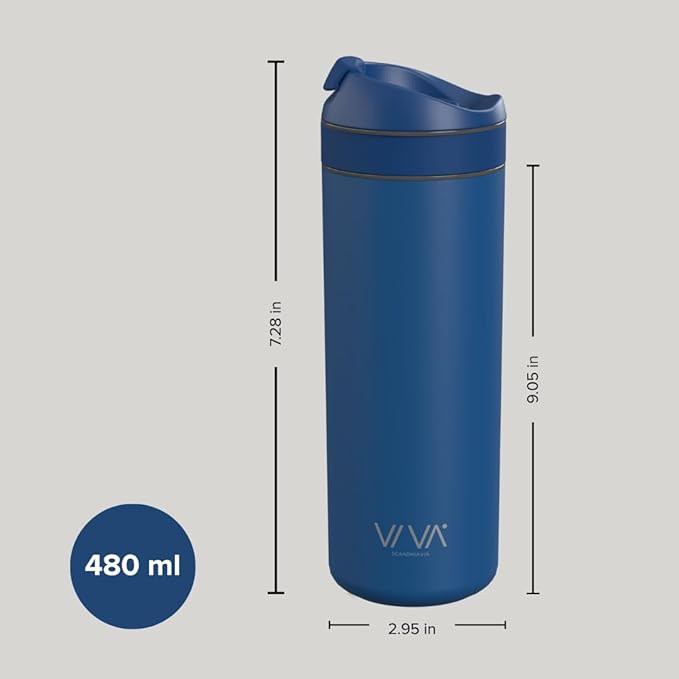 VIVA Recharge Blue Insulated Tea & Coffee Mug & Travel French Press Coffee Maker, 16 oz, Brew & Drink From the Same Coffee Mug On the Go or Camping