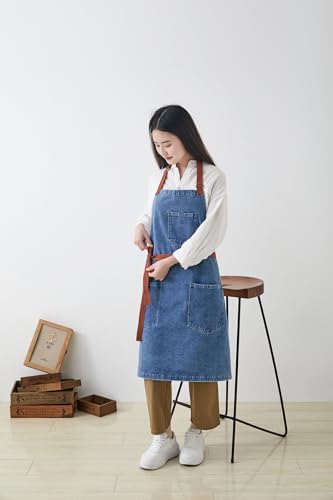 Cotton Denim Apron Soft - Unisex Adjustable Bib Apron with 5-Pockets Perfect for Kitchens - Image 4