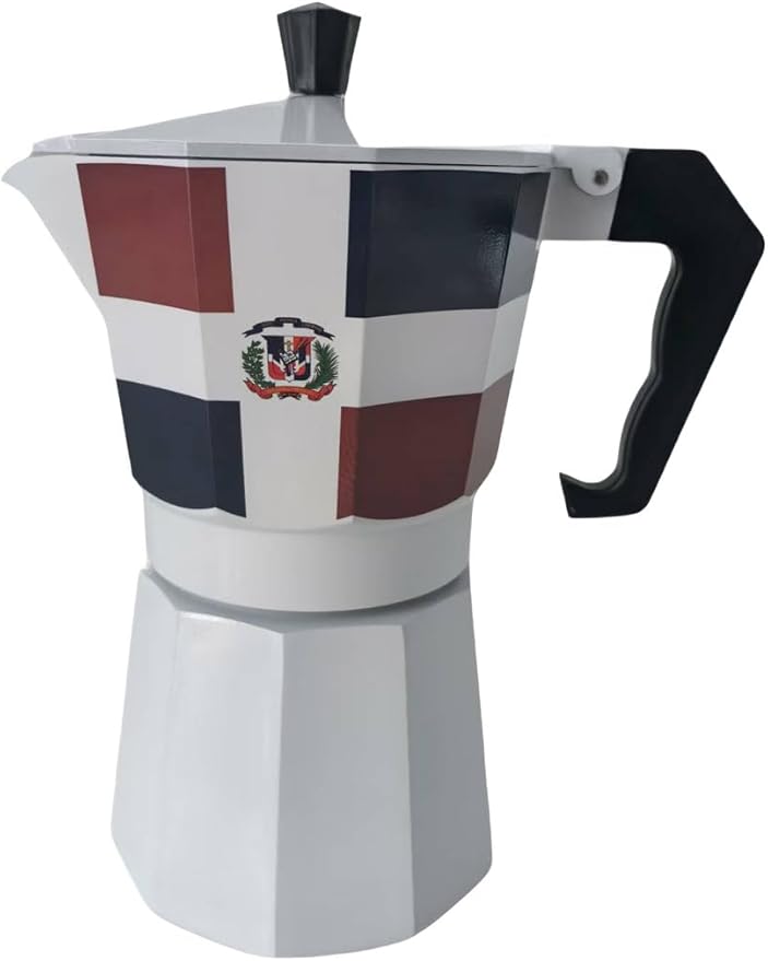 PRK 14 Dominican Republic Coffee Greca Pot – Classic Domicano Stovetop Espresso Maker with DR Flag Design – Traditional Moka Style Cafetera for Rich Dominican Cafe at Home 6 Cups