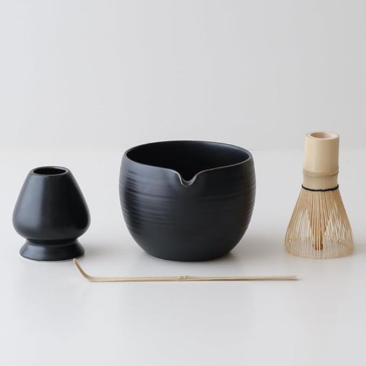 Matcha Whisk Set, Ceramic Matcha Bowl & Whisk Holder, Bamboo Accessory, Modern Design (Matte Crème, Pouring Spout) (Matte Black)