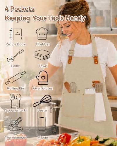 Teskyer Canvas Kitchen Apron with 4 Pockets | Cross Back or Adjustable Strap Design, 4 Utility Pockets, Water & Oil Resistant Fabric for Cooking Gardening & Crafts - Image 3