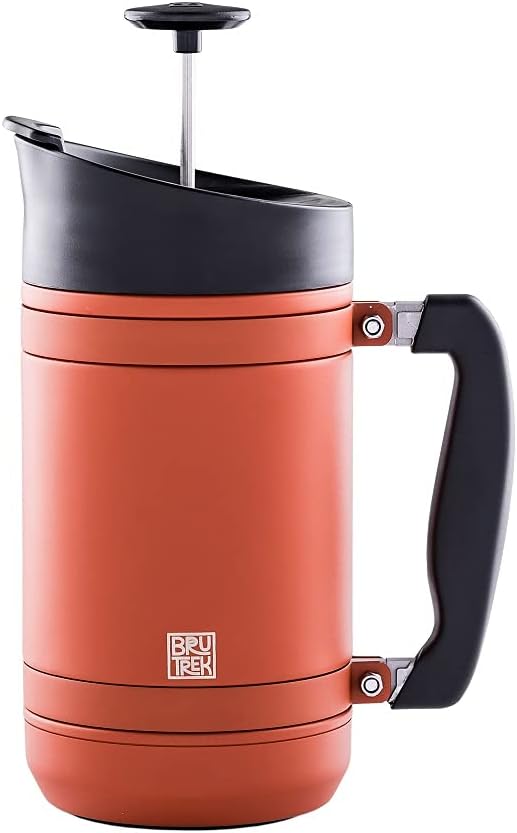 BruTrek® by Planetary Design BaseCamp Coffee Press - Double Wall Insulated Stainless Steel - Bru-Stop Technology, No Grounds in Coffee, No Spill Lid (Red Rock, 32 fl.oz)
