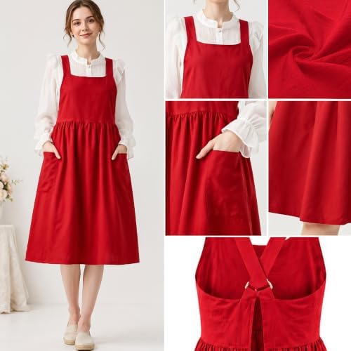 Uaussi Cotton Linen Apron Cross Back Work Apron for Women with Pockets Pinafore Dress X Cross Halter Apron for Chef Gardening - Image 2
