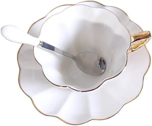 British Coffee Cup 3 Piece Set（6.8oz） Household Fashional Tea Cup with Saucer Spoon (white-B)