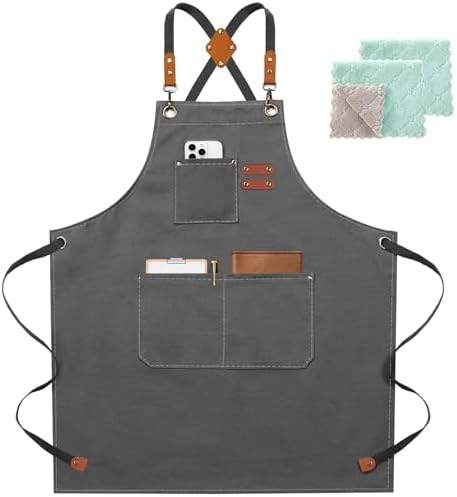ZOMAO Chef Apron for Women Men with Large Pockets, Cotton Canvas Cross Back Waterproof Work Aprons for Kitchen Cooking Bib by ZOMAO