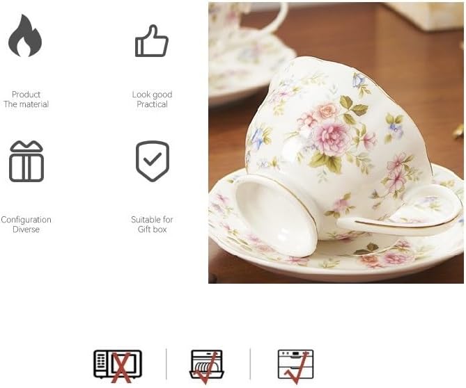 8 oz Vintage flower Ceramic cup and 6" saucer set with Brand customized stainless steel spoon Gifts for Afternoon Tea Coffee Hour (H)