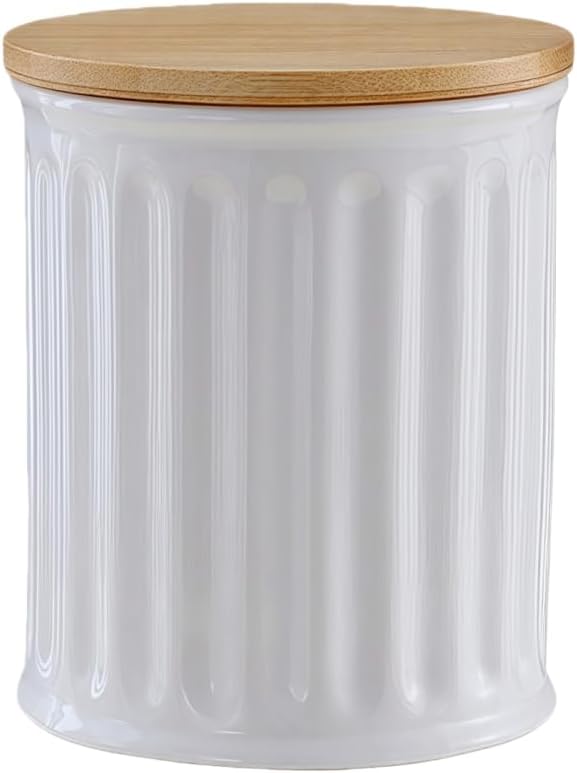 Ceramic Jar with Lid, Airtight 34oz Food Storage Canister for Coffee, Sugar, Tea, Spice, Flour, Decorative Countertop Container, Coffee Canister Sugar Container (White-Stripes)