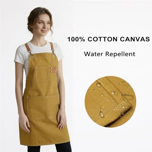 ZOMAO Chef Apron for Women Men with Large Pockets, Cotton Canvas Cross Back Waterproof Work Aprons for Kitchen Cooking Bib - Image 2