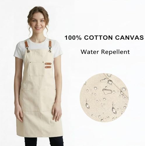 ZOMAO Chef Apron for Women Men with Large Pockets, Cotton Canvas Cross Back Waterproof Work Aprons for Kitchen Cooking Bib - Image 2