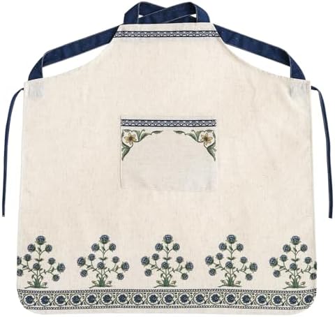 patdrea Blue Floral Linen Apron with Pocket,French Kitchen Garden Chef BBQ Aprons for Women and Men,Crisscross Back Straps by patdrea