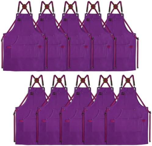 10 Pack Kitchen Apron, Work Apron, Canvas Apron, Purple | Multiple Pockets, Gardening, Painting, BBQ, Artist, Carpenter, Sizes M to XXL by Stenffy