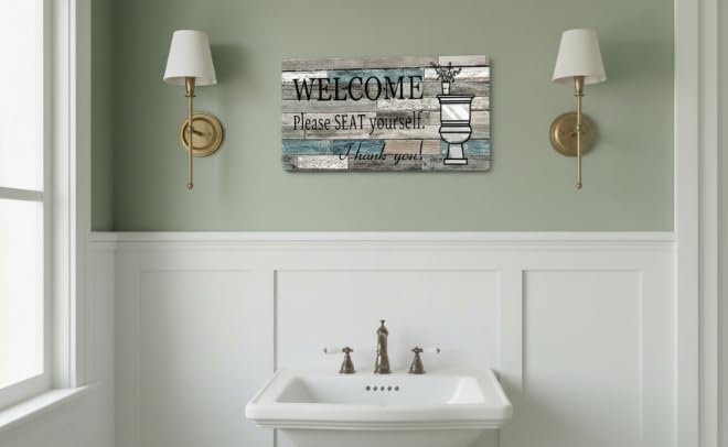 Funny Bathroom Welcome Sign, “Please SEAT Yourself” Metal Wall Decor, 16x4 Inch Rustic Farmhouse Sign for Restroom, Powder Room, Guest Bath - Humorous Home Decor Gift - Image 3