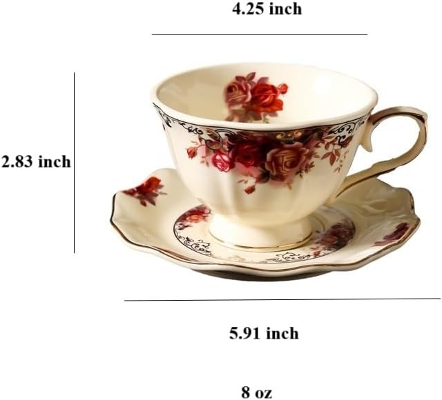 8 oz Vintage flower Ceramic cup and 6" saucer set with Brand customized stainless steel spoon Gifts for Afternoon Tea Coffee Hour (B)