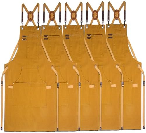 5 Pack Kitchen Aprons, Work Apron, Canvas Apron, Khaki | Multiple Pockets, Gardening, Painting, BBQ, Artist, Carpenter, Sizes M to XXL by Stenffy