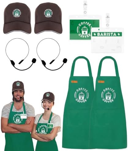 Halloween Coffee Barista Costume Set Adults Include Green Apron and Brown Cap for Man Women Halloween Fancy Party Dress up by Unknown