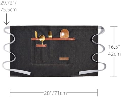 TOPTIE Denim Half Waist Apron with Pockets for Server Waiter Waitress | 100% cotton denim aprons, breathable, durable, large front pockets, adjustable ties, for restaurant kitchen bar, unisex - Image 2