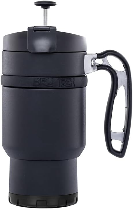 BruTrek® by Planetary Design Double Shot 4.0 Travel Coffee French Press, 16 fl.oz Insulated Stainless Steel Mug, Removable Storage Bottom To Brew A Second Cup, No Spill Lid (Obsidian)