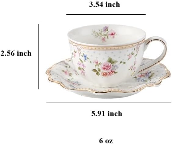 6 oz Vintage flower Ceramic cup and 6" saucer set with Brand customized stainless steel spoon Gifts for Afternoon Tea Coffee Hour(C)