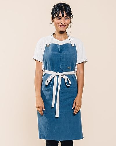 Caldo Linen Kitchen Apron for Cooking- Mens and Womens Linen Bib Apron for Professional Chef, Server, or Barista- Adjustable with Pockets (Vintage Blue) - Image 2