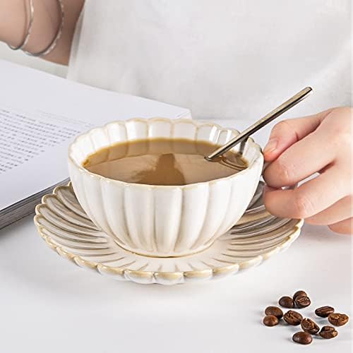 Colias Wing 9 Oz Petal Series Retro Design Ceramic Tea Cup Coffee Mug Travel Mug with Saucer-White