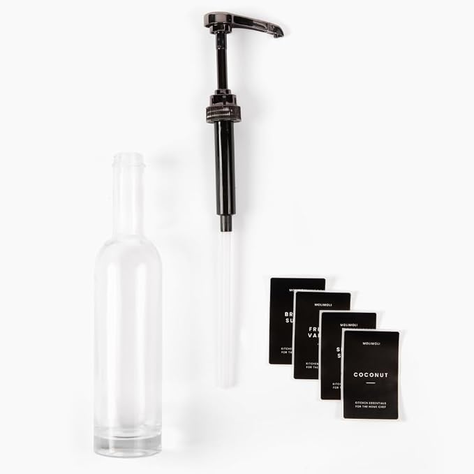 Molimoli Set of 4, 350ml, Coffee Syrup Dispenser for Coffee Bar, Coffee Pump Dispenser, Glass Syrup Bottle w. Pumps, Simple Syrup Dispenser w. Labels (Black) - Image 6