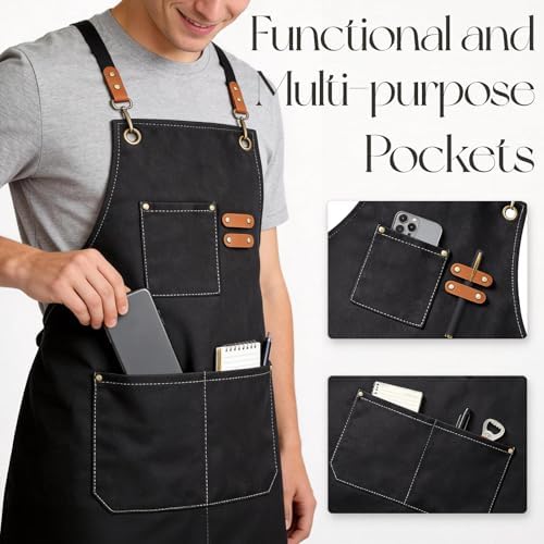 Chef Aprons for Men Women with Large Pockets Heavy Duty Cotton Canvas Cross Back Apron - Image 3