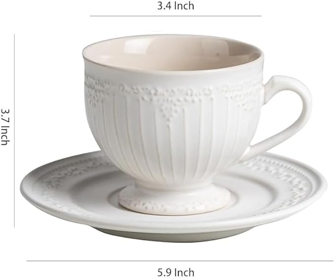 WAIT FLY Vintage Embossed Ceramic Coffee Mug with Saucer Set, Espresso Cup, Tea Cup, Breakfast Cup and Dessert Plate-White-8 OZ