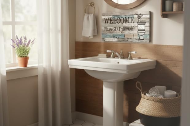Funny Bathroom Welcome Sign, “Please SEAT Yourself” Metal Wall Decor, 16x4 Inch Rustic Farmhouse Sign for Restroom, Powder Room, Guest Bath - Humorous Home Decor Gift - Image 4